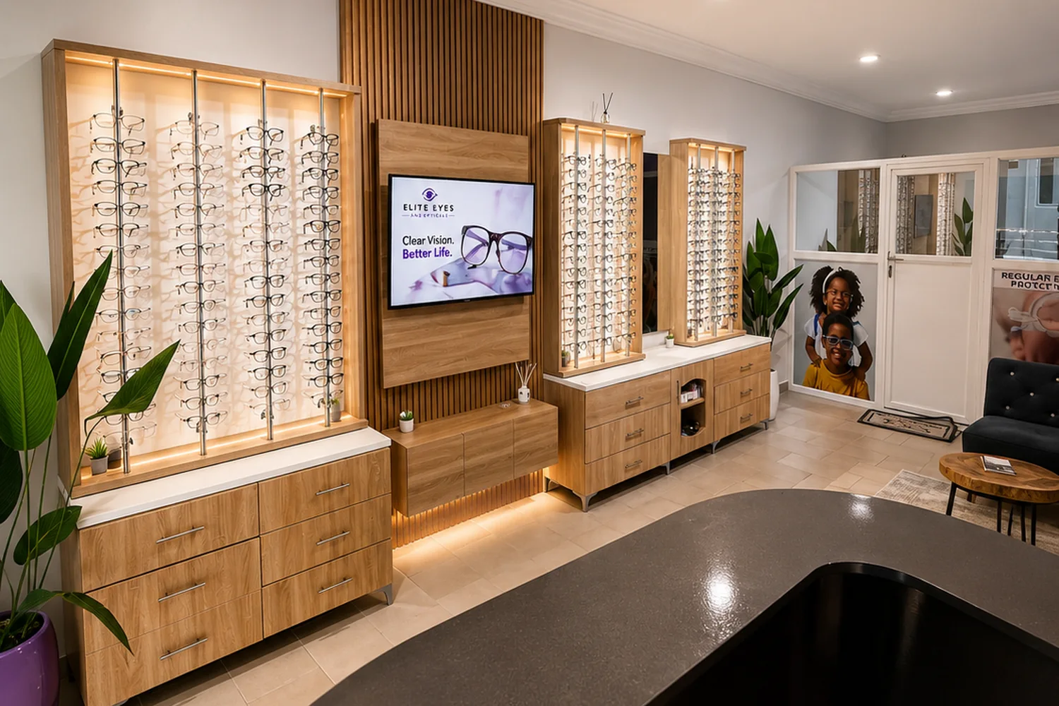 Interior of Elite Eyes and Opticals in Lekki, Lagos, showcasing a modern optical showroom with neatly arranged eyeglass frames on illuminated display shelves.