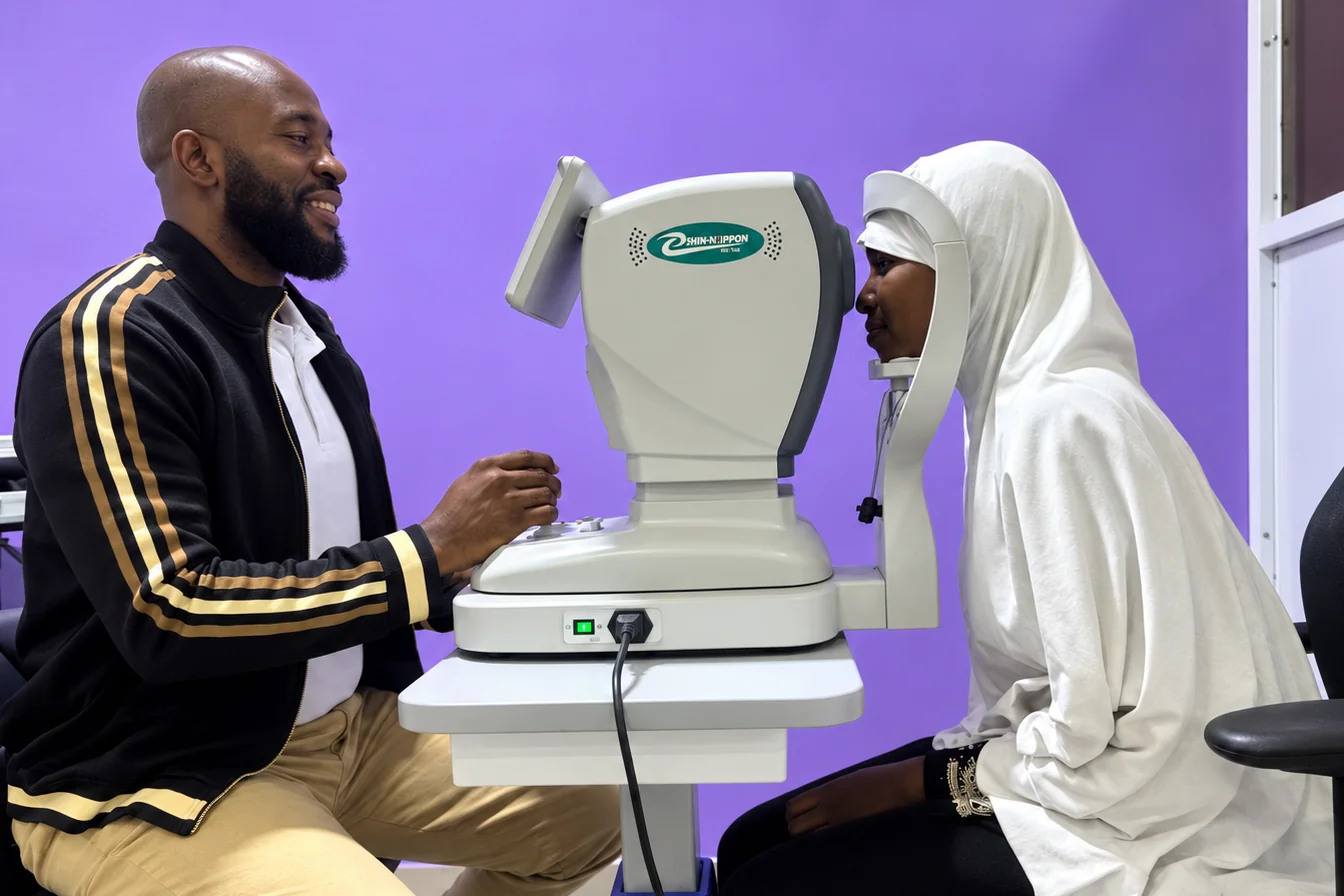 Optometrist performing an eye examination for a patient using an autorefractor at Elite Eyes and Opticals in Lekki, Lagos.
