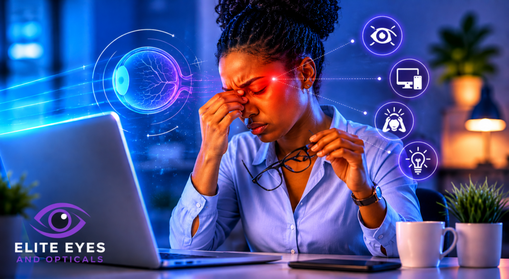 Digital Eye Strain symptoms and prevention flyer by Elite Eyes and Opticals, offering free eye checkups and frame discounts.
