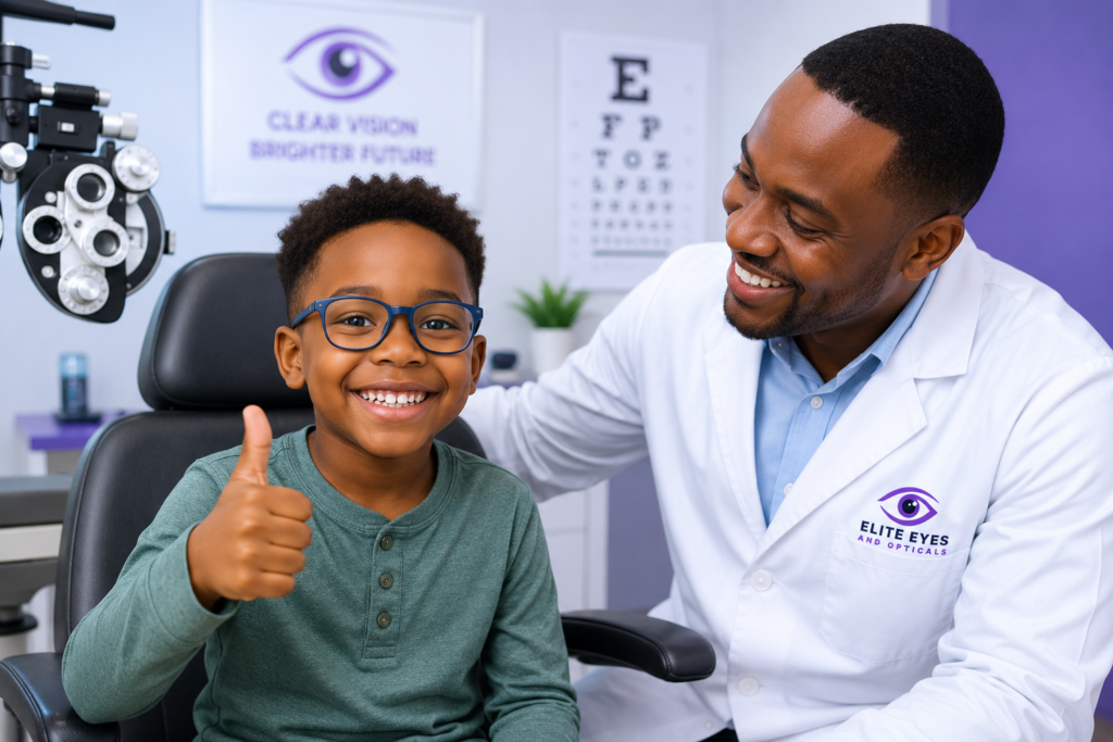 Elite Eyes and Opticals promotional flyer explaining why a school vision screening isn't enough, featuring a smiling young boy wearing glasses giving a thumbs up alongside a male optometrist in a clinic.