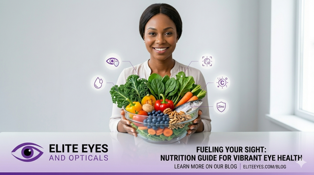Elite Eyes and Opticals featured blog banner for an eye care nutrition guide, showing a smiling woman holding a bowl of healthy vision foods like salmon, citrus, and leafy greens in an optometry clinic setting.