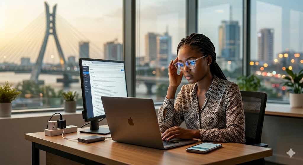 A professional woman experiencing digital eye strain while working on a laptop at a desk in a modern Lekki office, featuring the Elite Eyes and Opticals logo and the Lekki-Ikoyi Link Bridge in the background.