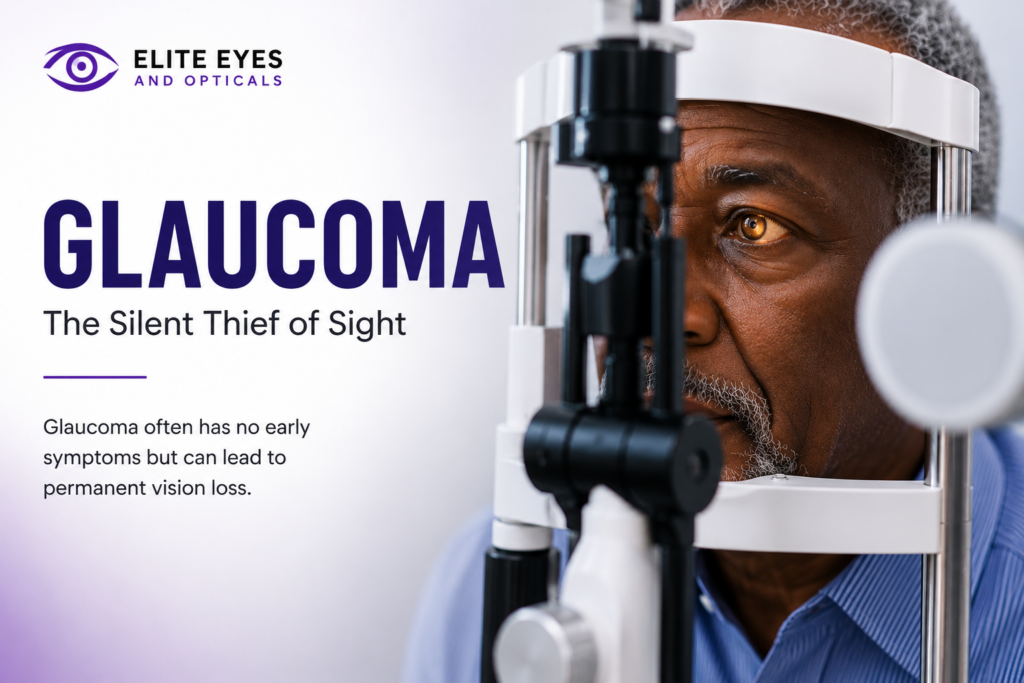 An elderly man undergoing a glaucoma eye examination with a slit lamp machine beside bold text reading ‘Glaucoma: The Silent Thief of Sight’ and Elite Eyes and Opticals branding in purple